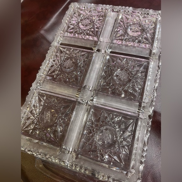 Vintage Czech Bohemian Hand Cut Crystal Antique Rectangular Tray 6 sections - Picture 4 of 6
